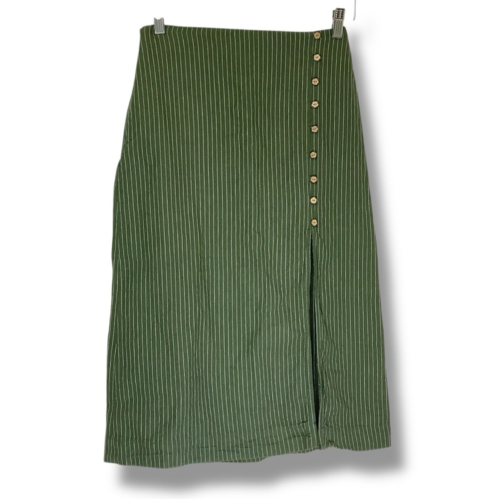 Libe Workshop Skirt Green White Pinstripe Lightweight Cotton Linen‎ Midi Small